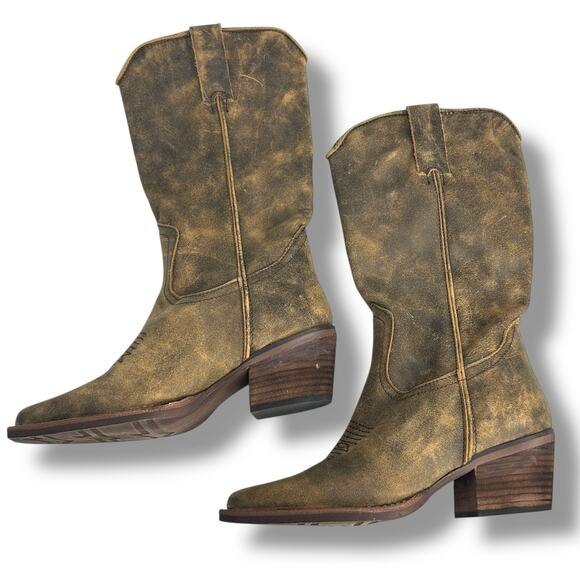 Steve Madden Cowboy Boots Size 5 Distressed Brown Albany Western Boot Leather - Picture 1 of 12